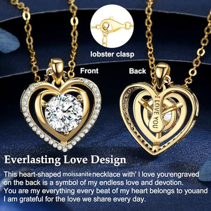 Heart Pendant Gold Necklace for Women Moissanite Lab-Created Gem I Love You Wedding Anniversary Birthday Christmas Valentine Engagements Mothers Day Jewelry for Wife Her Girlfriend Mom Daughter - color: Gold-1CT