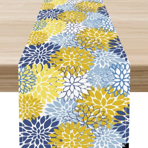 Dahlia Flower Table Runner, Yellow Blue Geometric Floral Watercolor Dahlia Vibrant Rustic Spring Modern Farmhouse Table Decor for Home Party Supplies Indoor Outdoor 13x36 inch - color: Dahlia-2, size: 13x36" Table Runner