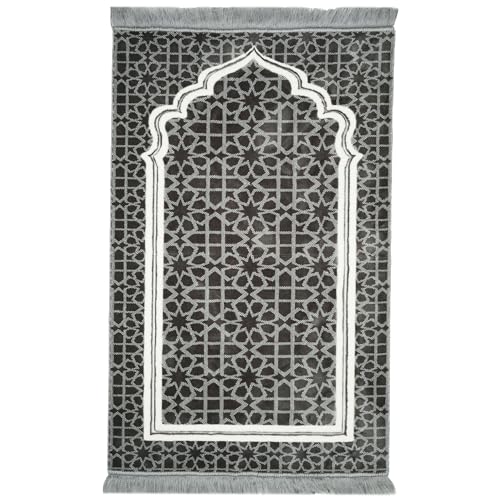 Modefa Muslim Prayer Rug - Large Plush Velvet - Andalus (Grey) | For Islamic prayers, salah. For men or women; thick plush soft praying mat - color: Grey