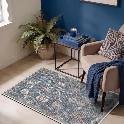 Keen Home Design Vintage Washable Entryway Rug, Non-Slip Low Pile, 2x3 - color: Navy/Amber, size: 2' x 3' (Rectangular)