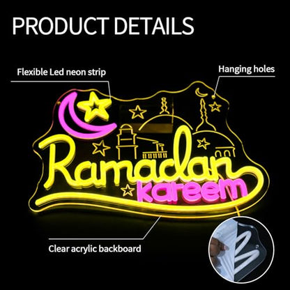Ramadan Kareem Neon Sign for Wall Decor Dimmable Islamic Mubarak Led Neon Lights Muslim Moon Star LED Signs for Bedroom Religious Church Home Prayer Party Mosque Decoration Gifts - style: Ramadan Kareem