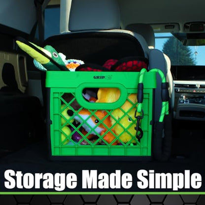 Grip Folding Stackable Storage Bin, Grn, 6 Gallon - Dimensions: 13" x 13" x 11" - Milk Crate - Capacity: 50 lbs - Heavy Duty Plastic - Collapsible Crate for Sporting Goods, Toys, Pool Toys, Files