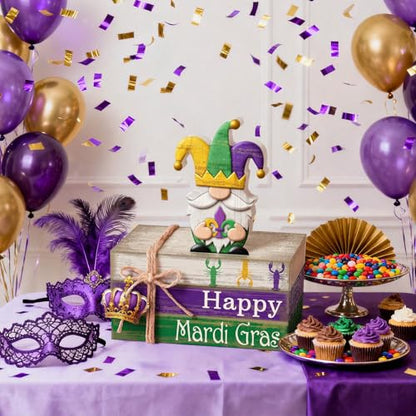 4 Pcs Mardi Gras Decorations Wooden Mardi Gras Table Centerpiece Crawfish Gnome Carnival Tiered Tray Decorations Mini Wooden Faux Books Stack Signs for Masquerade Office Tabletop Bookshelf - style: Crowns
