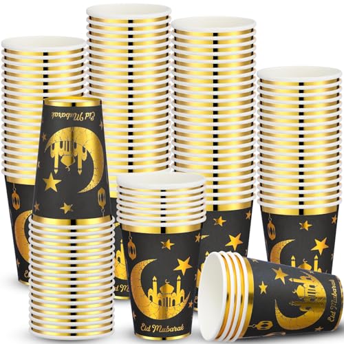 Domensi 100 Pack Eid Mubarak Paper Cups Ramadan Muslim Disposable Coffee Cups Bulk Gold Foil Hot Cold Drinking Party Supplies for Eid Islamic Al Adha Decorations(Black) - color: Black