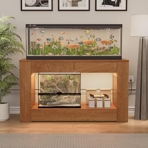 48" Aquarium Stand for 55–75/90 Gallon Tank,Heavy Duty Fish Tank Stand up to 1000 LBS,Aquarium Stand with Power Outlet & LED Light,2-Tier Turtle Reptile Tank Stand with Storage,Natural