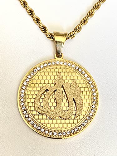 Allah Pendant Necklace – 14k Gold Finish Iced Round Islamic Charm with 3mm Rope Chain, Stainless Steel Muslim Jewelry for Men & Women