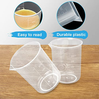 30 Pack 250ml Plastic Graduated Beakers - Clear Mixing Cups with Dripless Spout & Embossed Scale for Epoxy Resin, Paint, Science Lab & Kitchen Use - size: 250ML