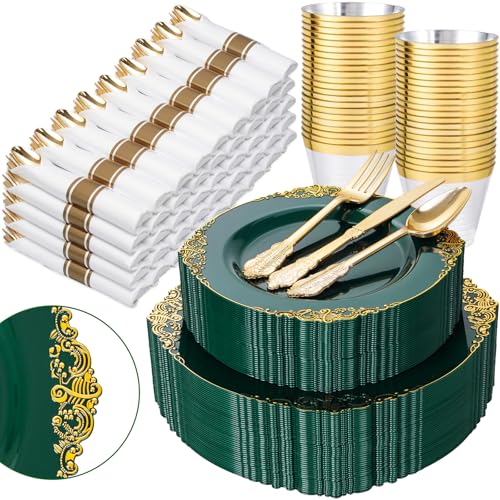 Nervure 350Pcs Green Plastic Plates, Plastic Dinnerware Set for 50 Guests - color: Green and Gold