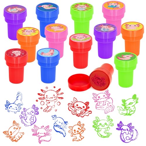 Cinrobiye 24 Pcs Axolotl Stampers Party Favor Set, Cute Axolotl Stamps for Kids Birthday Party, Classroom Rewards, Animal Lover Gifts, Goody Bag Fillers, Underwater Creature Party Supplies - color: Axolotl