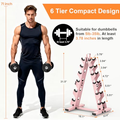 TomCare 6-Tier|5-Tier|4-Tier|2-Tier Dumbbell Rack Stand Only for Home Gym | Stable A-Frame, Fits 5–35 lb Dumbbells, Protective Padded Cradles, Adjustable Feet, Easy-Carry Handle (Stand Only) - color: Pink, size: 6 Tier