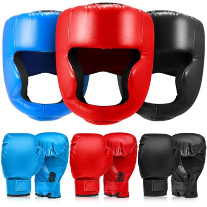 Kanayu 3 Pieces Boxing Headgear and 3 Pairs Gloves Set Shockproof Leather Boxing Helmet Safety Head Guard Punching Bag Gloves for Men Women Youth Beginners - color: Black, Blue, Red