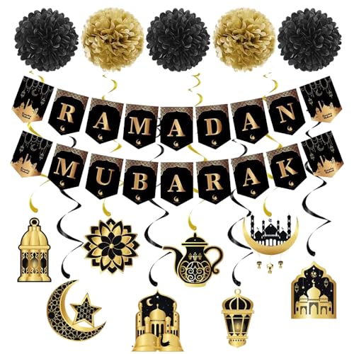 Ramadan Mubarak Decorations: Banner, Paper Flowers (3 Black, 2 Gold), Hanging Swirls (8pcs) for Ramadan Party