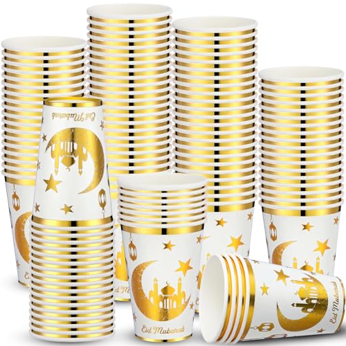 Domensi 100 Pack Eid Mubarak Paper Cups Ramadan Muslim Disposable Coffee Cups Bulk Gold Foil Hot Cold Drinking Party Supplies for Eid Islamic Al Adha Decorations(White) - color: White