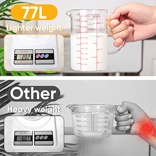 High Borosilicate Glass Measuring Cup with Handle, [Double-Sided Measuring Scale, V-Shaped Spout, Insulated handle], Glass Measuring Cup with Three Scales (OZ, Cup, ML) for Liquid (500 ML) - size: 2 Cup (500 ml)