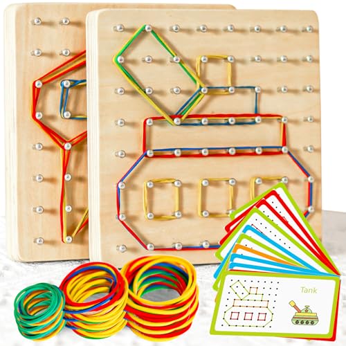 CHEROSIN 2Pack Wooden Geoboard Montessori Toys - Wood Geo Board Manipulative Geoboards for 4 5 6 Year Old Kids with Pattern Cards and Rubber Bands,Brain Teaser STEM Toy for Boys Girls Ages 3-6