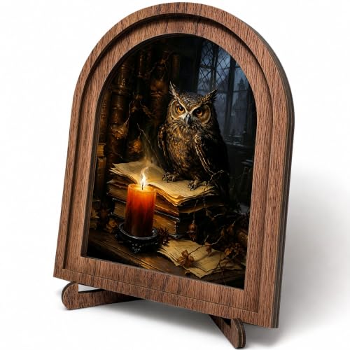Owl Candle Arched Table Sign, Gothic Rustic Farmhouse Decor - color: Owl Candle Library