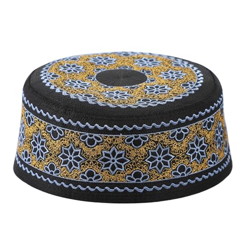 Muslim Prayer Kufi Hat Men Islam Skull Embroidery Cap Beanie Hat Arabian Omani Turkish Prayer Headwear Eid Gift - color: Blue Flower