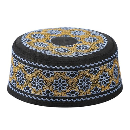 Muslim Prayer Kufi Hat Men Islam Skull Embroidery Cap Beanie Hat Arabian Omani Turkish Prayer Headwear Eid Gift - color: Blue Flower