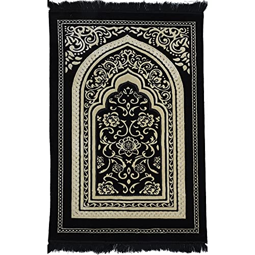 Modefa Turkish Islamic Velvet Prayer Rug - Thick Wide Soft Prayer Carpet - Men & Women - Large Prayer Mat - Eid & Ramadan Gift - with Kufi Cap Beads & Car Hanger - Double Plush Floral Black - color: Floral Arch - Black