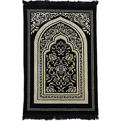 Modefa Turkish Islamic Velvet Prayer Rug - Thick Wide Soft Prayer Carpet - Men & Women - Large Prayer Mat - Eid & Ramadan Gift - with Kufi Cap Beads & Car Hanger - Double Plush Floral Black - color: Floral Arch - Black