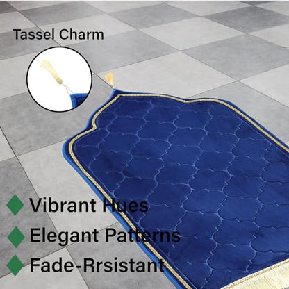 Muslim Prayer Rug Islamic Mat - Thick Large Padded Sajadah for Kids Men Women - Soft Velvet Prayer Rugs for Eid Travel Ramadan, Blue - color: Blue