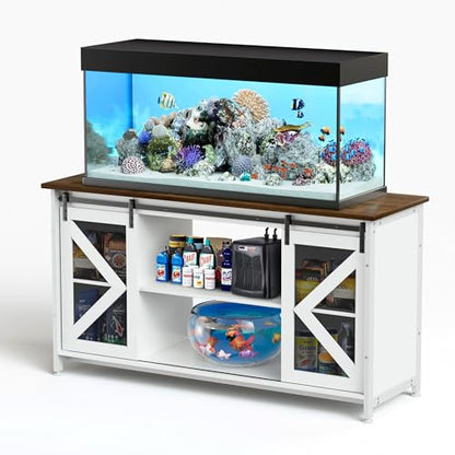 HRVEOCEI 80 Gallon Fish Tank Stand with Sliding Doors, Farmhouse Aquarium Stand with Storage Cabinet, Heavy Duty Fish Tank Table for Turtle Tanks Reptile, Adjustable Feets, 1000 LBS Capacity (White) - color: White