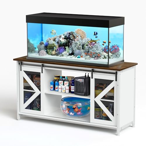 HRVEOCEI 80 Gallon Fish Tank Stand with Sliding Doors, Farmhouse Aquarium Stand with Storage Cabinet, Heavy Duty Fish Tank Table for Turtle Tanks Reptile, Adjustable Feets, 1000 LBS Capacity (White) - color: White