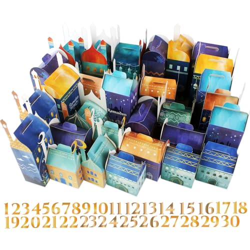 OASHISU 30 PCS 3D Ramadan Eid Mubarak Treat Boxes with Number Stickers, for Eid Mubarak Goodie Paper Boxes,Ramadan Kareem Box, School Classroom Party Favor Decorations