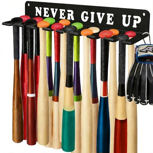 Baseball Softball Bat Holder Wall Mount Storage Rack Metal Hanger Home Field Organizer Equipment Sports Hook Hanging Holds 14 Bats Carabiners Included Never Give UP - style: NEVER