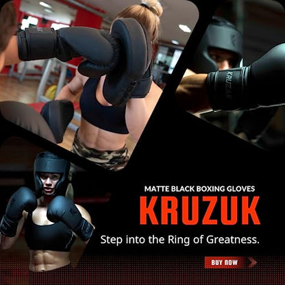 Kruzak Matte Black Boxing Gloves and Pads, Boxing Gloves Training Set for Kickboxing and Muay Thai MMA Training - Boxing Kit for Adults with Punching Pads for Martial Arts and Karate - size: 16 oz