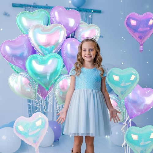 Iridescent Heart Balloons, 10PCS Crystal Foil for Mermaid Birthday Party - color: Iridescent Blue Purple