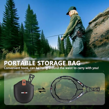 Fly Fishing Net – Collapsible Foldable Tenkara Kayak Landing Net for Trout & Backpacking, Ultralight Compact Hiking Fishing Net with Rubber Coated Mesh for Catch & Release