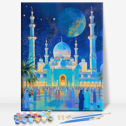 Aeontinity Blue Mosque Islam Framed Canvas DIY Paint by Numbers Kit Bar Cafe Cave Home Room Wall Bathroom Porch Patio Decor Gift, 16 x 12 Inch - color: BLUE MOSQUE