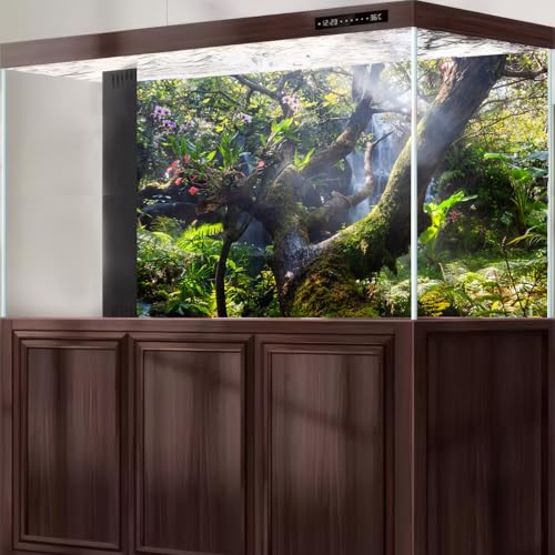 Tropical Jungle Aquarium Background Majestic Misty Rainforest Scenery Fish Tank Background Scenic Mountain Cascading Waterfall Terrarium Backgrounds Tranquil Stream Reptile Tank Backgrounds 24x12in - color: Warm Green, size: 24(W)x12(H)in