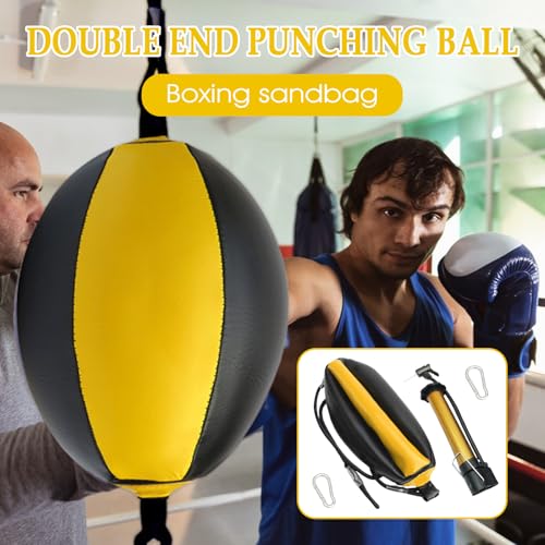 Reflex Boxing Ball, Punching Bag Set, Double End Feature Training Equipment, Pu Leather Ball with Carabiners and Headband, Speed and Reaction Hand Eye Exercise, Home Gym Use for Boxing 12x12 Inches - color: Yellow