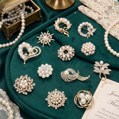 Junkin 12 Pcs Women Brooches Bulk Set Rhinestone Pin Crystal Vintage Brooch Retro Pin Women Girls Gifts for Christmas - style: Pearl