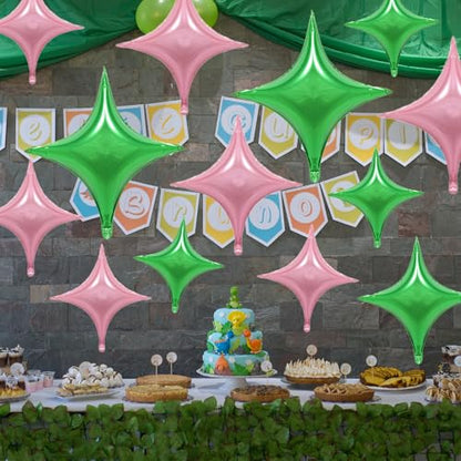 Pink Green Star Balloons,12Pcs Four Angle Star Foil Balloons - color: Pink Green