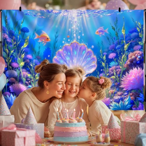 7x5FT Mermaid Backdrop Under The Sea Party Decorations | Underwater Ocean Scene with Giant Shell & Pearl,Coral Reef Fish Aquarium Background for Photography Kids Birthday Baby Shower - size: 7x5 FT