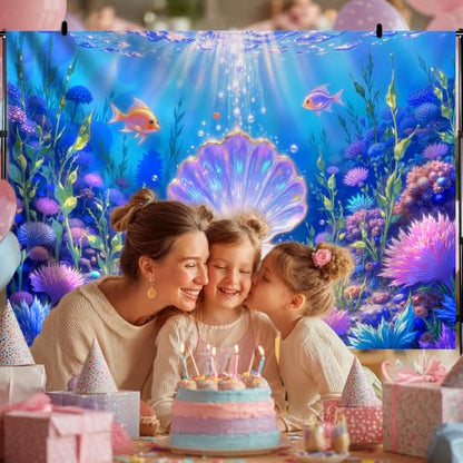 7x5FT Mermaid Backdrop Under The Sea Party Decorations | Underwater Ocean Scene with Giant Shell & Pearl,Coral Reef Fish Aquarium Background for Photography Kids Birthday Baby Shower - size: 7x5 FT