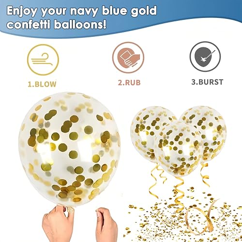 네이비 블루 및 골드 색종이 조각 풍선 - 30.5cm(12인치) 메탈릭 블루 골드 매트 화이트 라텍스 풍선 50개 10.9m(33피트) 스트링 생일 결혼식 성별 공개 파티 장식용 - color: 블루 골드 색종이 조각