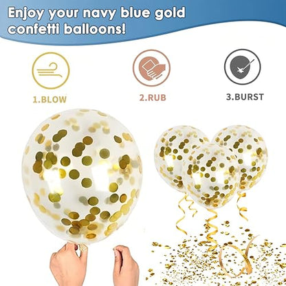 네이비 블루 및 골드 색종이 조각 풍선 - 30.5cm(12인치) 메탈릭 블루 골드 매트 화이트 라텍스 풍선 50개 10.9m(33피트) 스트링 생일 결혼식 성별 공개 파티 장식용 - color: 블루 골드 색종이 조각