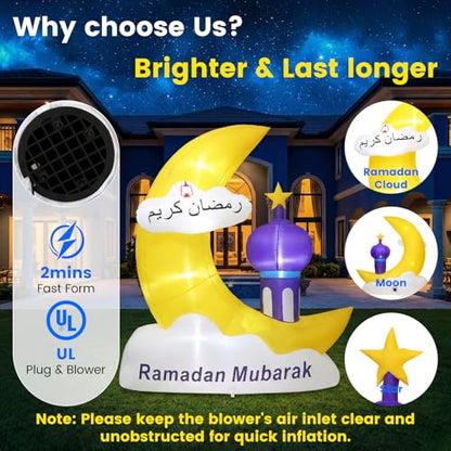 Inflatable Ramadan Decorations 6.1FT Outdoor, Muslim Eid Mubarak Blow Up with LED Lights, Waterproof Islamic Ramadan Moon & Star Decor for Garden Yard Lawn Fasting Celebration