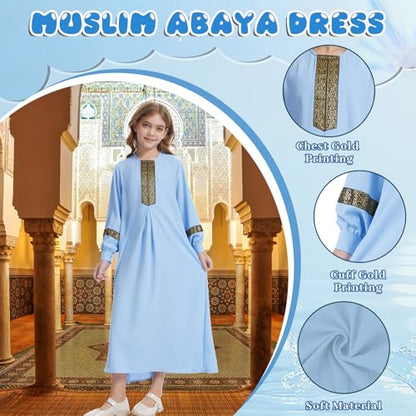 GYQMBT Long Sleeve Muslim Dress for Abaya,Islamic Clothes,Prayer Clothes Robe - color: Blue, size: 120 (5-6 Years)