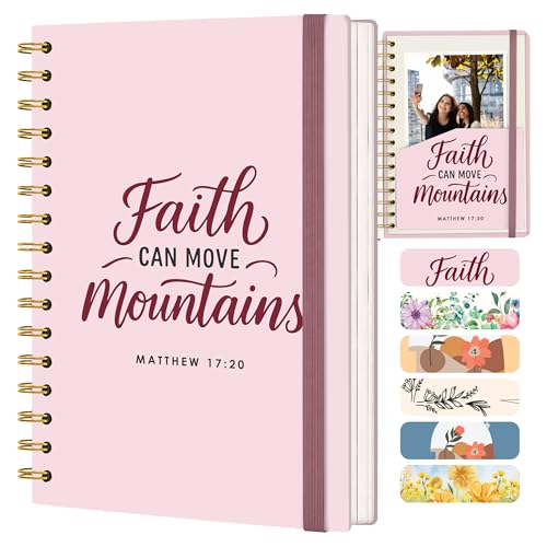 Blank 140 Page Christian Journals for Women – Multiple Designs – Hardcover with Scripture – Spiral Christian Notebook – Inspirational Writing Notebook for Bible Study and Prayer – Faith Can Move Mountains (Matthew 17:20) - color: Faith_Pink