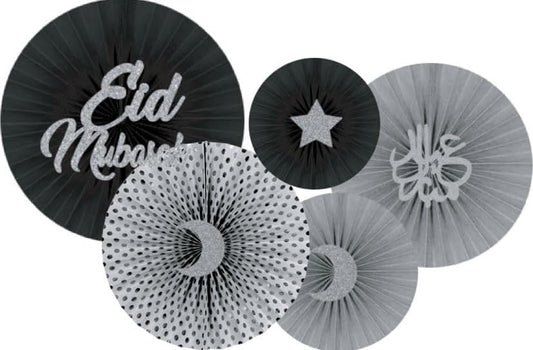 5x Eid Party Fans with Metallic - Ramadan Mubarak New Year Muslim Hajj Islam Allah Celebration Party Festive Home Decoratives Letters English, Arabic Indoor Outdoor (Silver) - color: Silver