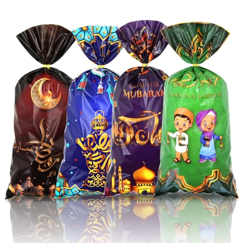 100 Pieces Eid Mubarak Goodie Bags, Muslim Castle Moon Star Pattern Ramadan Treat Bags Cellophane Bags Goody Favor Bags with Gold Twist Ties for Eid Mubarak Ramadan Party Decorations