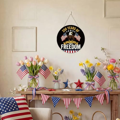 Smile 250 Years of Freedom Wooden Round Door Hanger, 1776-2026 American Bicentennial Front Door Sign for 4th of July & Patriotic Decor - style: 250th Freedom