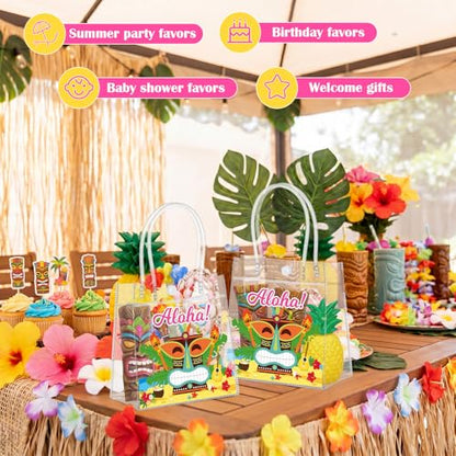 Aliceset 24 Pcs Hawaiian Luau Party Favor Bags Transparent PVC Aloha Tiki Goodie Bags with Handles Reusable Waterproof Candy Totes for Tropical Beach Summer Party Supplies, 6.31" x 5.91" x 3.15" - style: Aloha