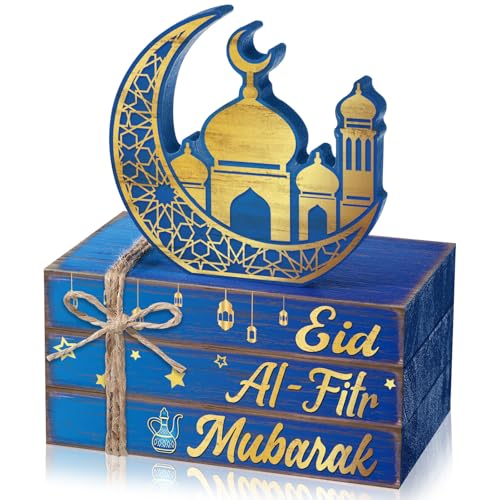 Geelin 4 Pcs Eid Mubarak Tiered Tray Decor Wooden Book Stack Signs, Blue Gold Islamic Crescent Moon Mosque Table Centerpiece for Ramadan Home Shelf Coffee Bar Mantel Decorations - style: Eid al-Fitr