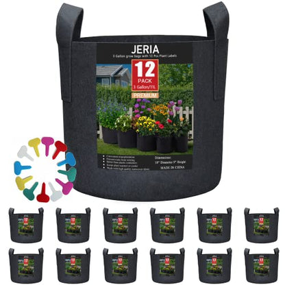 JERIA 12-Pack 3 Gallon Grow Bags, 300G Thickened Nonwoven Garden Pots,Heavy Duty Fabric Pots with Reinforced Handles - size: 3 Gallons